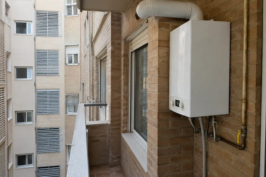 Calentador de gas para agua caliente Calentador de gas con pantalla, dos mandos y conexiones de agua y gas en una galería