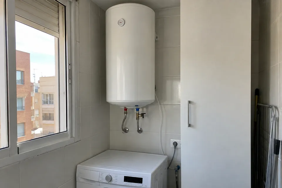 Termo eléctrico vertical con conexiones de agua en una galería doméstica Termo eléctrico vertical con conexiones de agua en una galería doméstica