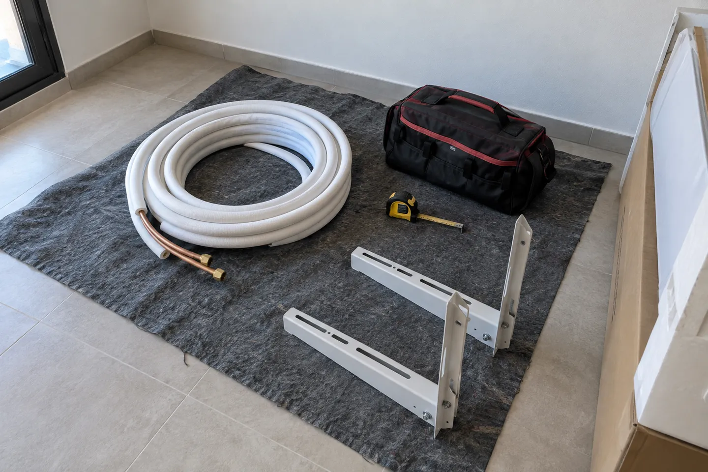 Herramientas, tubería de cobre aislada y soportes preparados para instalar un aire acondicionado Herramientas, tubería de cobre aislada y soportes preparados para instalar un aire acondicionado