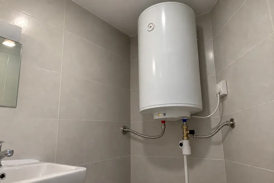 Termo eléctrico de acumulación Termo eléctrico cilíndrico instalado en un baño con conexiones de agua independientes