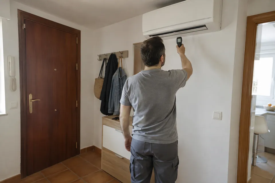 Revisión de un split con un termómetro de mano en la entrada de una vivienda Revisión de un split con un termómetro de mano en la entrada de una vivienda